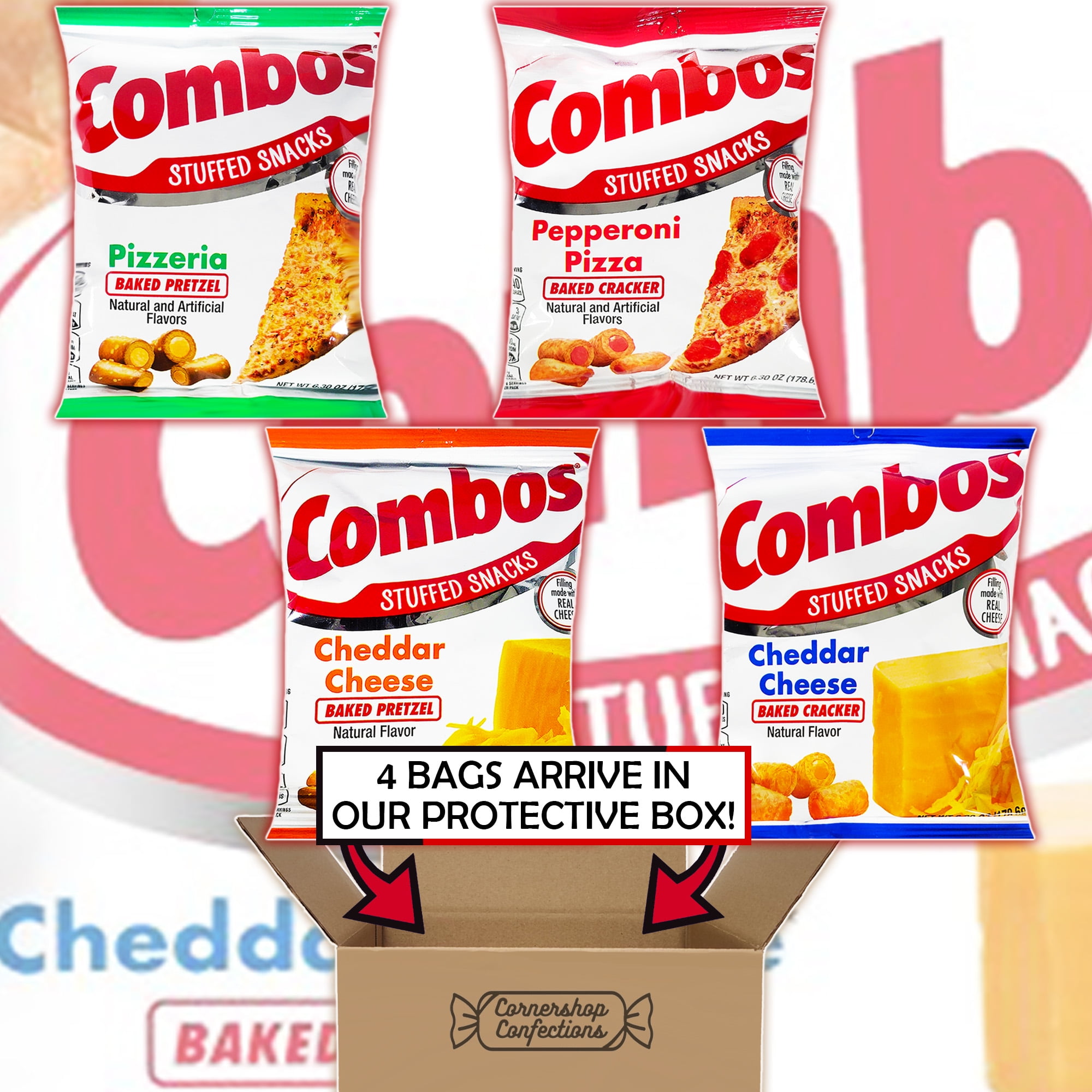 Combos Stuffed Snack 4 Flavors 1 Each Bulk Variety Share Pack - Pepperoni Pizza Baked Cracker, Cheddar Cheese Cracker, Pizzeria Baked Pretzel, Cheddar Cheese Pretzel In Cornershop Confections Pack
