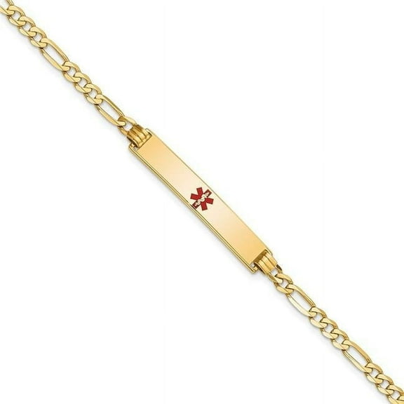 Primal Gold 14 Karat Yellow Gold Medical Red Enamel Flat Figaro Link ID Bracelet
