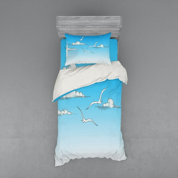Ambesonne Blue Bedding Set 3 Pcs, Seagulls Flying Ombre Sky, Twin, White Blue