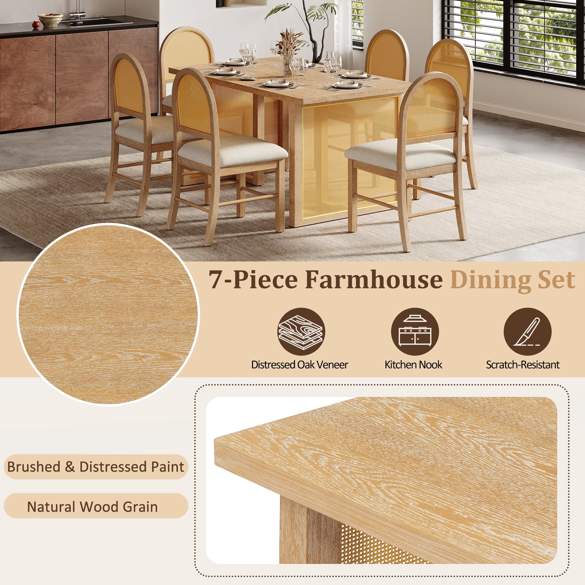 Euroco 7-Piece Farmhouse Solid Wood Dining Table Set for 6, 59.8" Rectangular Kitchen Table with 6 Rattan Chairs & L Shaped Legs,Kitchen Furniture for Dining Room,Natural