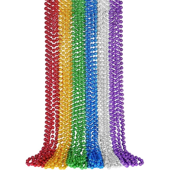LQQBOX 24 Pcs Mardi Gras Beads Necklaces, Party Favors - Metallic Colors in Gold, Green, Purple, Blue, Silver, Red