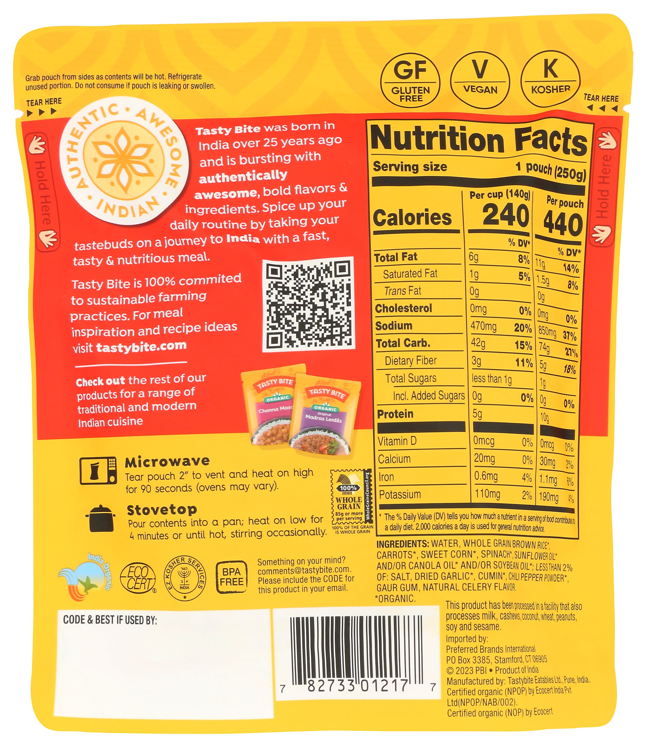Pack of 6, Tasty Bite Garlic Brown Rice, 8.8 oz