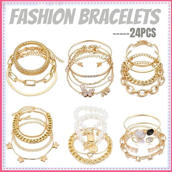 6 PACK (24 PCS) Boho Gold Chain Bracelets Set for Women, 14K Gold Plated Multiple Layered Stackable Open Cuff Wrap Bangle Adjustable