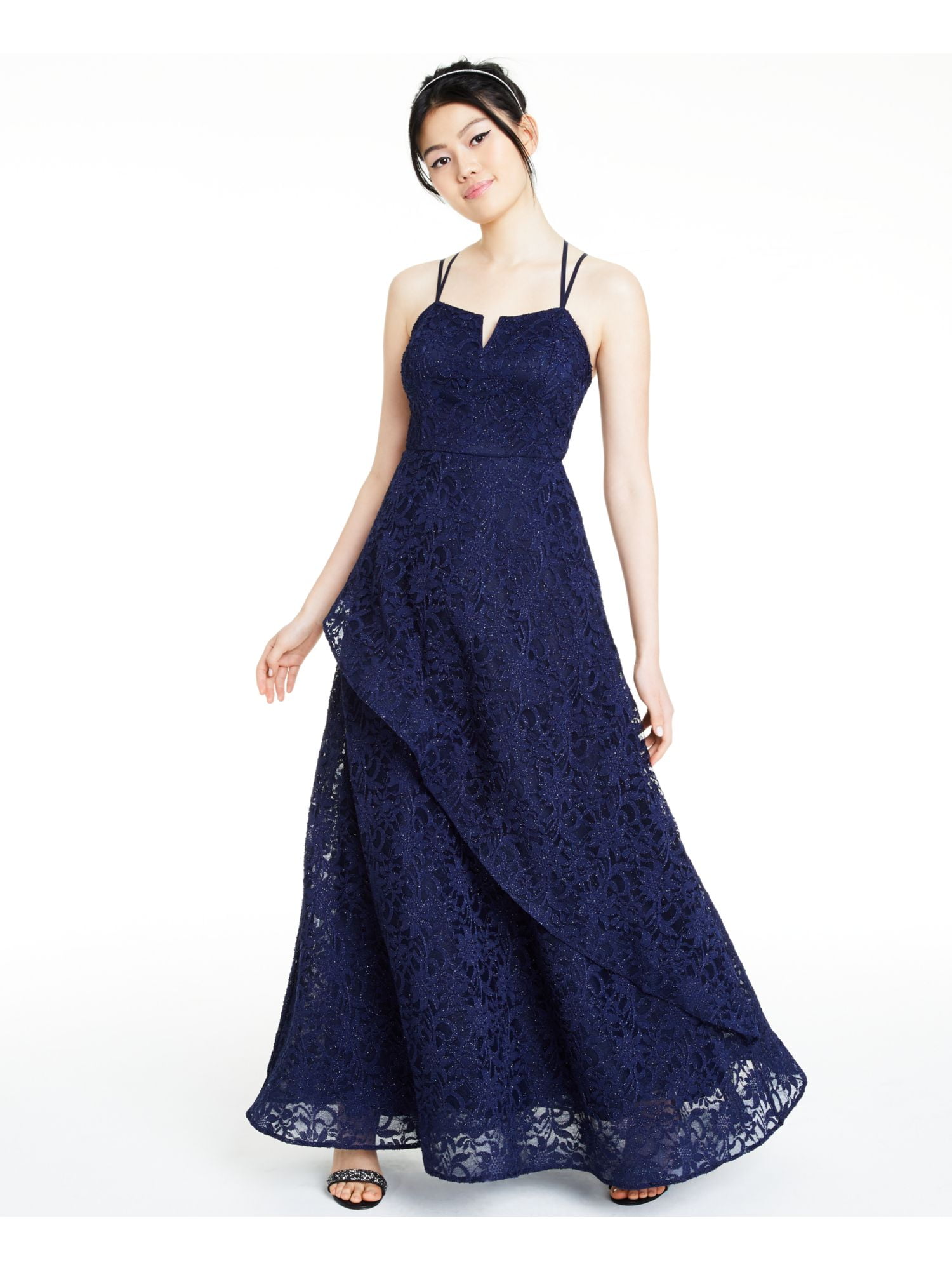 BCX DRESS Womens Navy Glitter Floral Spaghetti Strap V Neck Full-Length