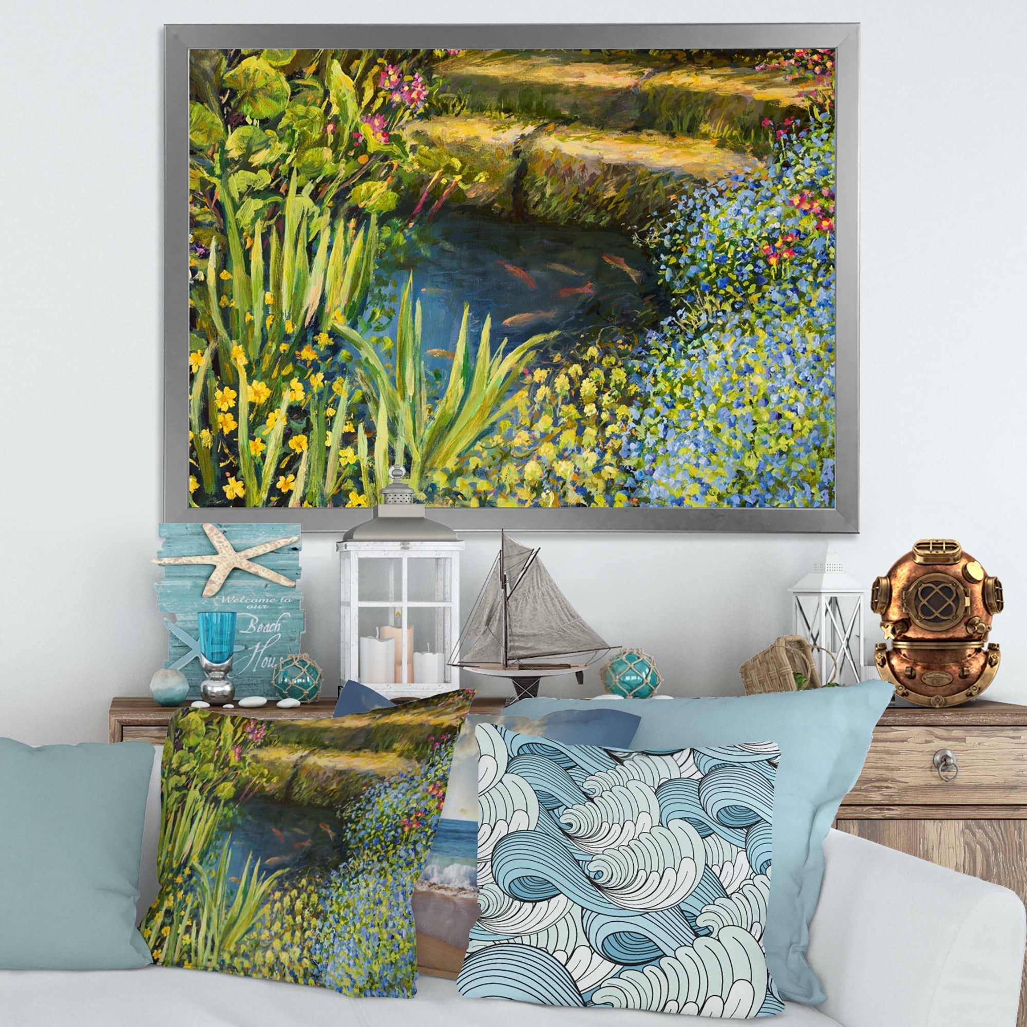 Designart 'Colorful Silence Flowers At The Lake Side' Lake House Framed Art Print