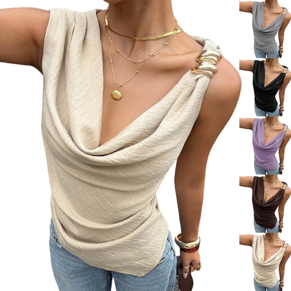 Women's Draped Cowl Neck Ruched Sleeveless Tank Top Going Out Tops Elegant Brunch Outfit Summer Beach Vacation Going Out Womens Tops Beige L