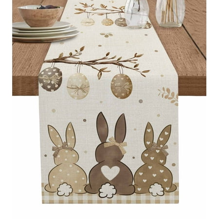 

Table Runner Dresser Scarf 14 x 72 Inch Spring Easter Eggs Bunny Brown Plaid Polka Dots Retro Table Runners Non-Slip Heat Kitchen Dining Table Decor for Indoor Outdoor Home Party Decoration