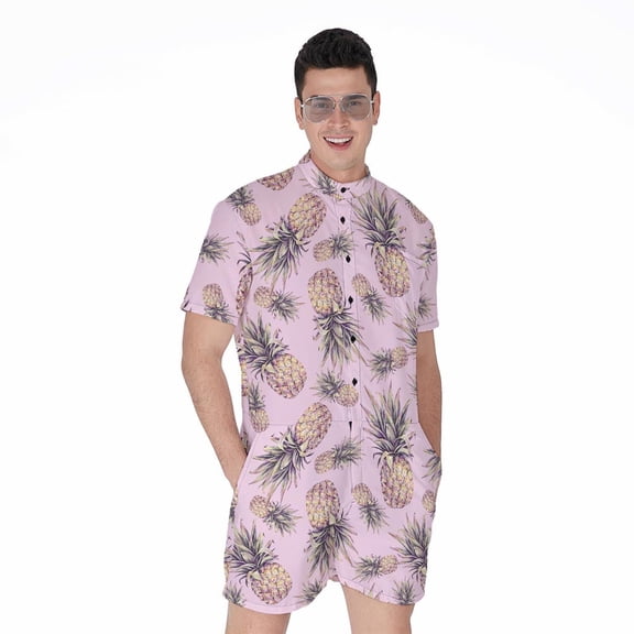 Pink Vintage Pineapple Pattern Short Sleeve Men'S Rompers Casual Summer Jumpsuits Outfit