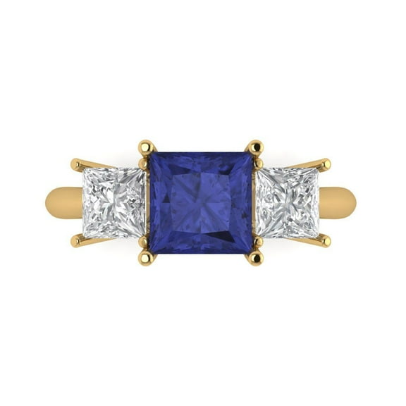 Three-Stone Engagement Ring for Women - 2.5ct Simulated Tanzanite in 14K Yellow Gold Promise Ring