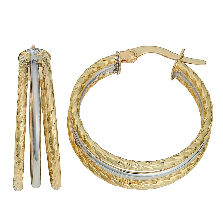 10k Two-Tone Gold Diamond-Cut And High Polish Triple Hoop Earrings