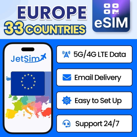 JetSim Bring Your Own Phone eSIM SIM Card Kit for Europe (France, Italy, Spain, More)- Activation Required