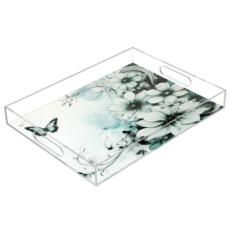 

WOBOGO Cyan Flowers Acrylic Serving Trays 15.7x11.8 Inch Spill Proof Clear Decorative Organizer with Handle