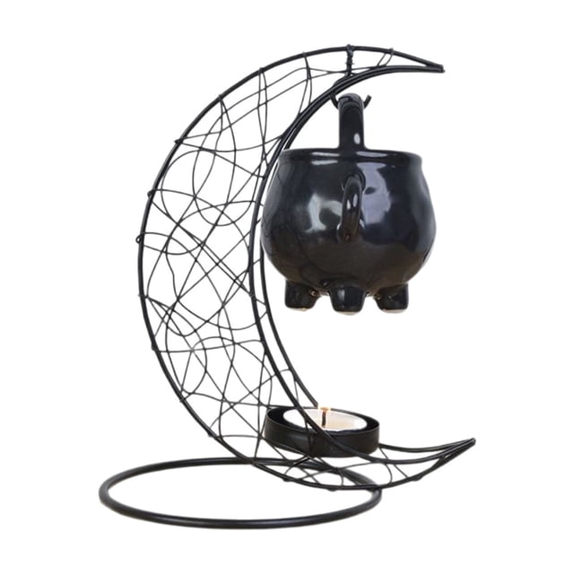Witch Mooning Aromatherapy Burner Wrought Iron Candlestick with Openwork Design Black Ceramic Incense Holder 10 in Tall
