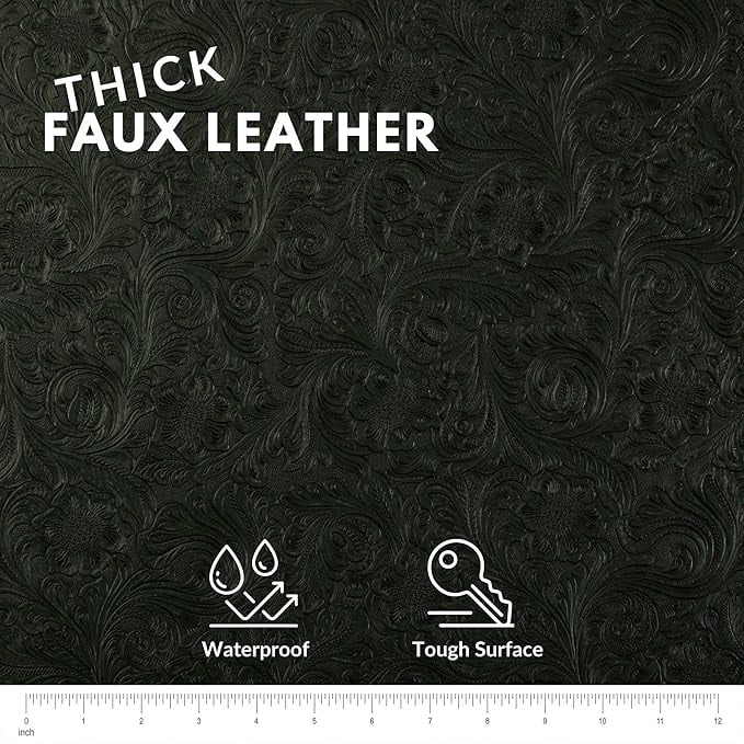 Tooled Faux Leather Western Cowboy, Floral Embossed Vinyl, Craft DIY and Upholstery Textured PU Pleather Fabric - Cut by The Yard (Green)