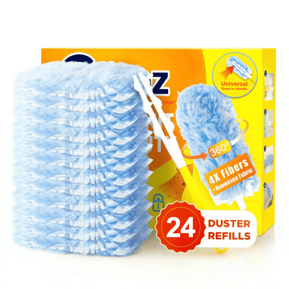 Heavy Duty Duster Refills, 24 Count Duster Refills with Handle, Multisurface 360° Dusters with 4X Microfibers