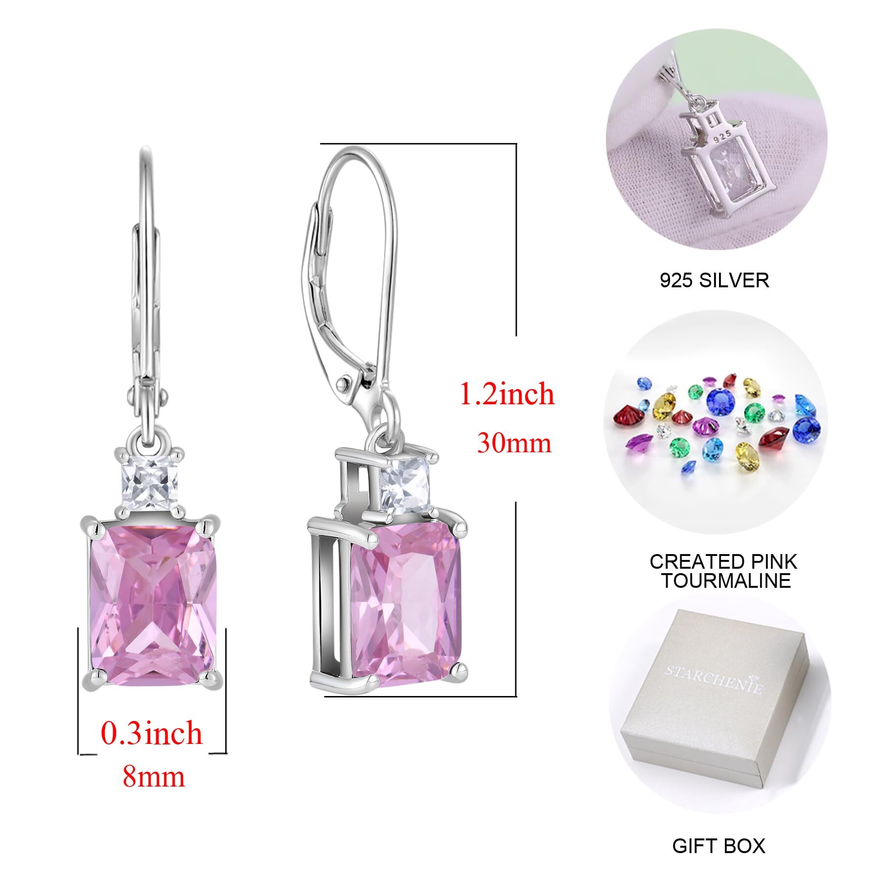 Starchenie Princess/Emerald Brilliant Cut Birthstone October Pink Tourmaline Earrings for Women Dangle Earrings Sterling Silver Leverback Earrings Birthday Anniversary Jewelry Gift