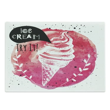 Ice Cream Cutting Board, Yummy with Try It Words Paintbrush Watercolor Art Illustration, Decorative Tempered Glass Cutting and Serving Board, Large Size, Pink Black White, by Ambesonne