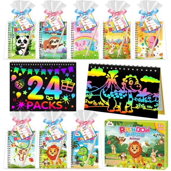 ZMLM 24 Pack Scratch Art Party Favors for Kids 4-8 Individually Wrapped Rainbow Notebooks, Mess-Free Goodie Bag Stuffers, Non-Candy, Classroom Prizes, Travel Crafts for Boys Girls(Animal)