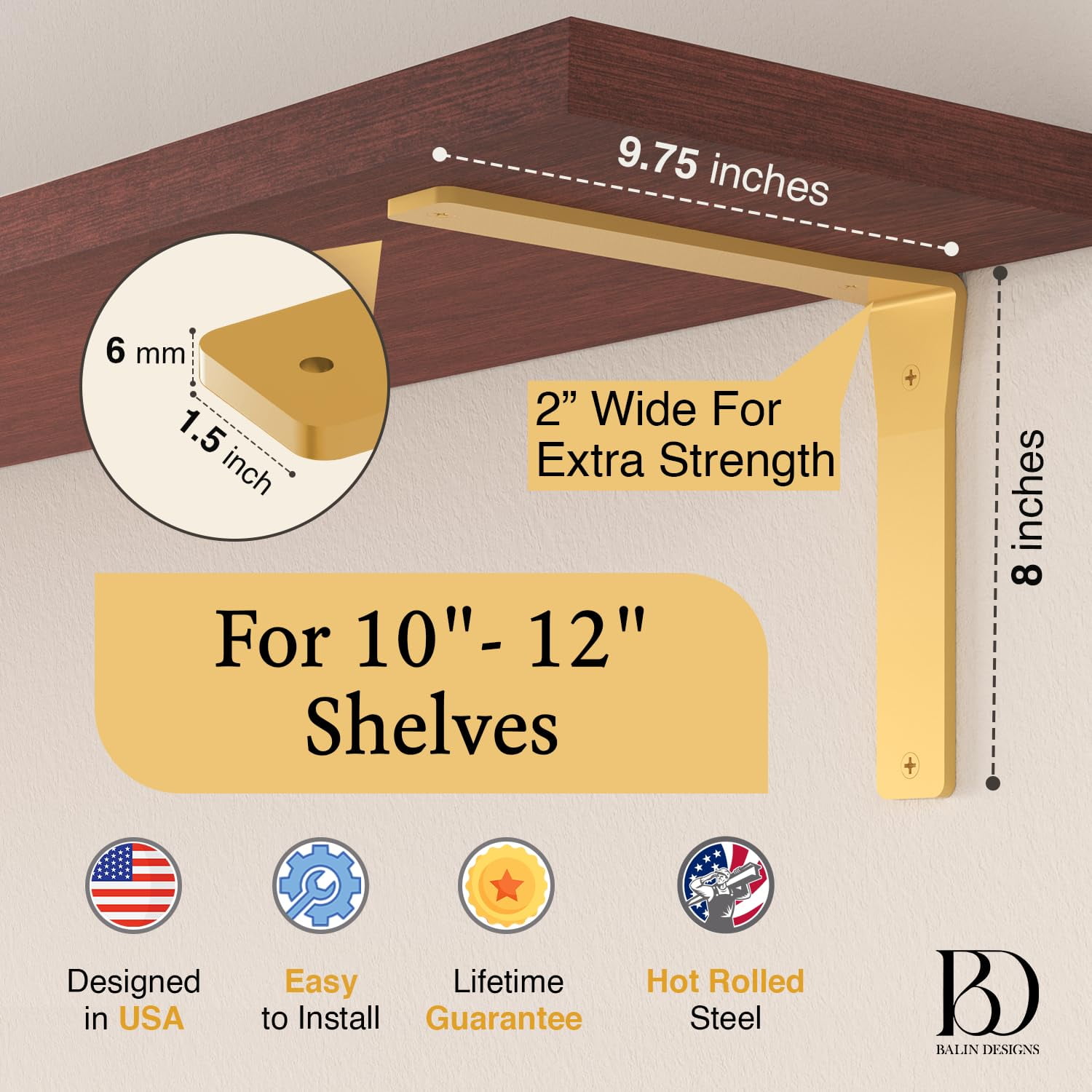 4 Pack Heavy Duty Brass Shelf Brackets 10 Inch by Balin Designs – Decorative L Bracket for Shelves, Metal Shelf Support Bracket, Wall Mounted Countertop Iron Corbels, Floating Gold Shelving Brackets