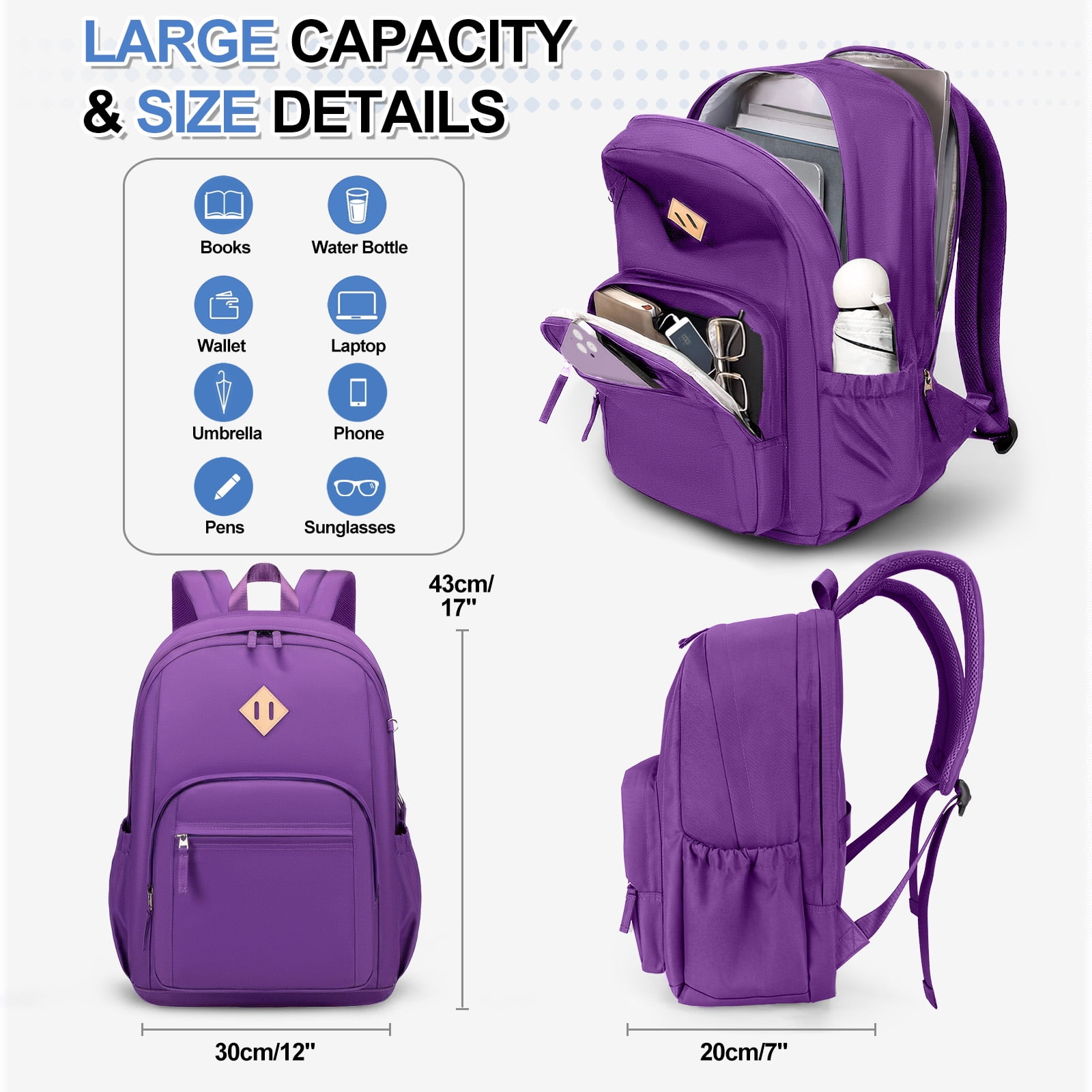 DAKIMOE Travel Backpack for Women Men Laptop Backpack with Computer Compartment Waterproof Large Capacity Wear Resistant Scratch-proof for Travel College Bussiness School, Purple