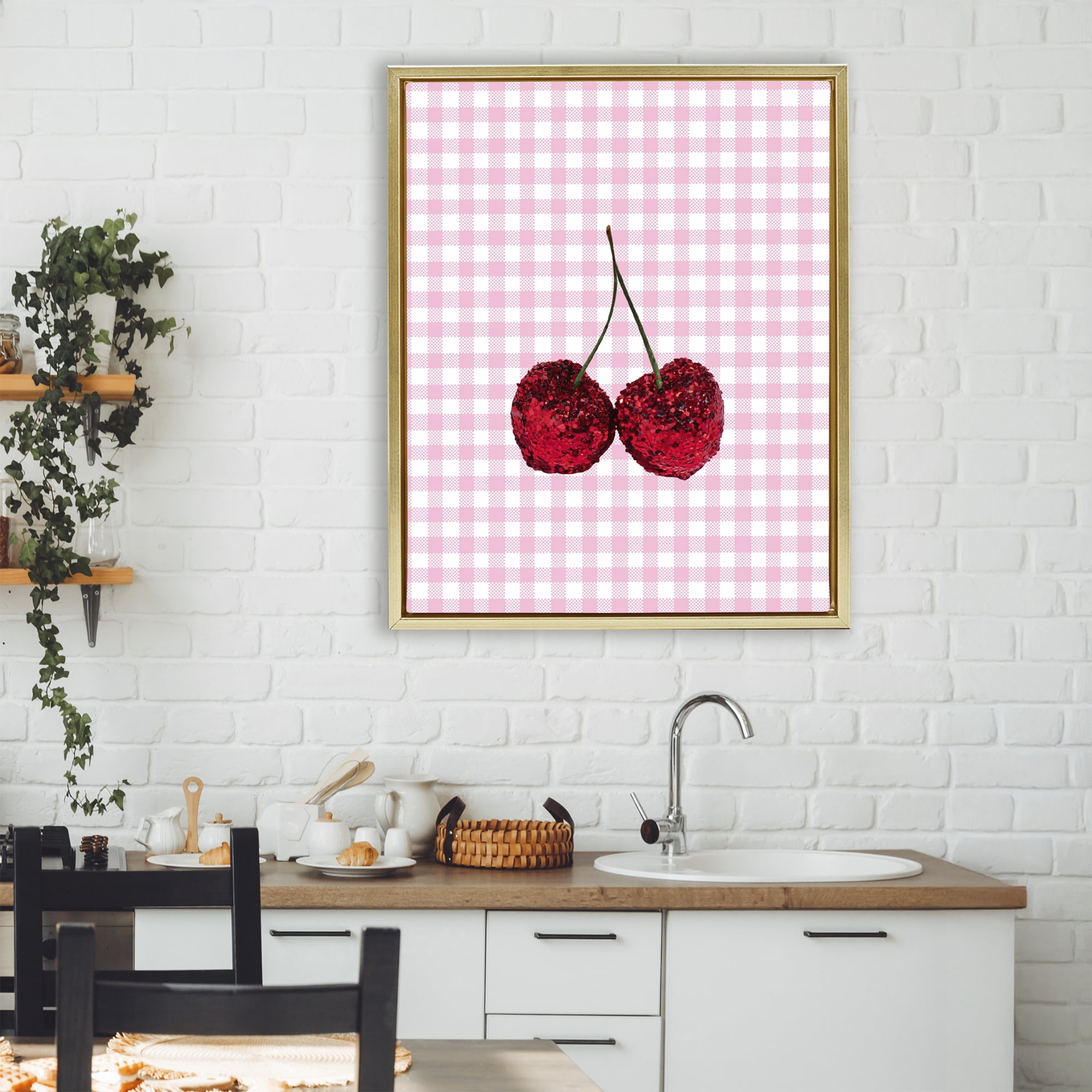 Stupell Industries Glitter Cherry on Pink Gingham Gold Framed Floater Canvas Wall Art, design by LISH Creative