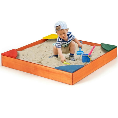 Gymax Kids Wooden Backyard Sandbox W/ Built-in Corner Seating Kid's