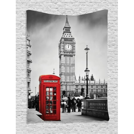 London Tapestry, Famous Telephone Booth and the Big Ben in England Street View Symbols of Town Retro, Wall Hanging for Bedroom Living Room Dorm Decor, Red Grey, by