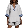 thumbnail image 5 of Delconic Women Bohemian Print V Neck Short Sleeve Top and Split Hem Shorts Two Piece Summer Set for Casual and Daily Wear White XL, 5 of 6
