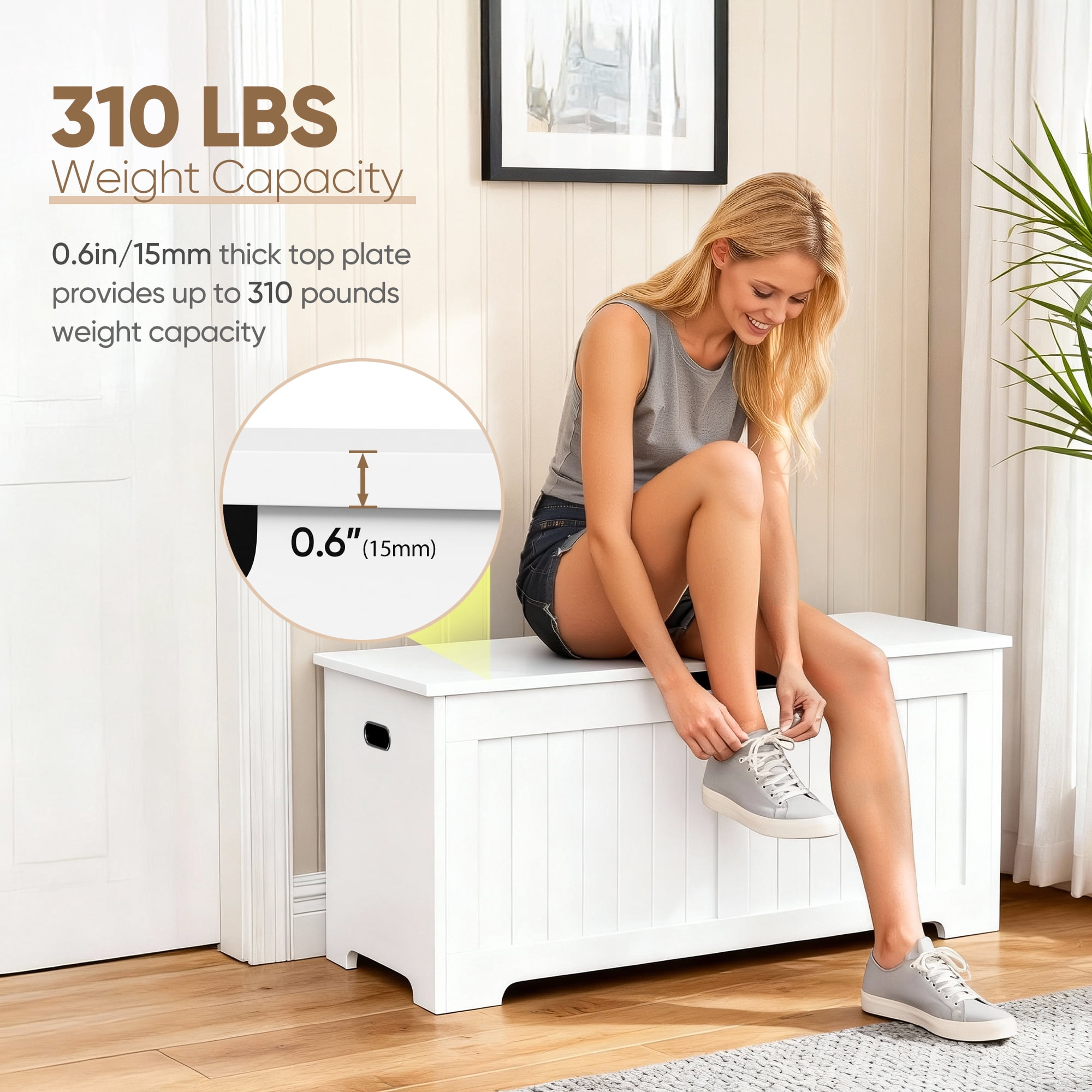 SuperDeal Wooden Storage Chest Box W/Safety Hinge, 39.4 in Large Storage Organizer Shoe Bench for Home Entryway, Bedroom, White