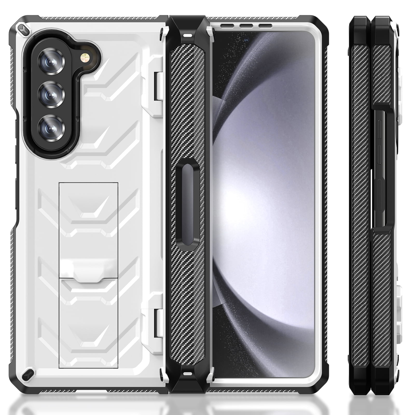 ELEHOLD Rugged Hybrid Case for Samsung Galaxy Z Fold 5 with Built-in Screen Protector Hidden Kickstand Pen Slot Heavy Duty Full Body Shockproof Case with Stylus Pen for Samsung Z Fold5 2023,White