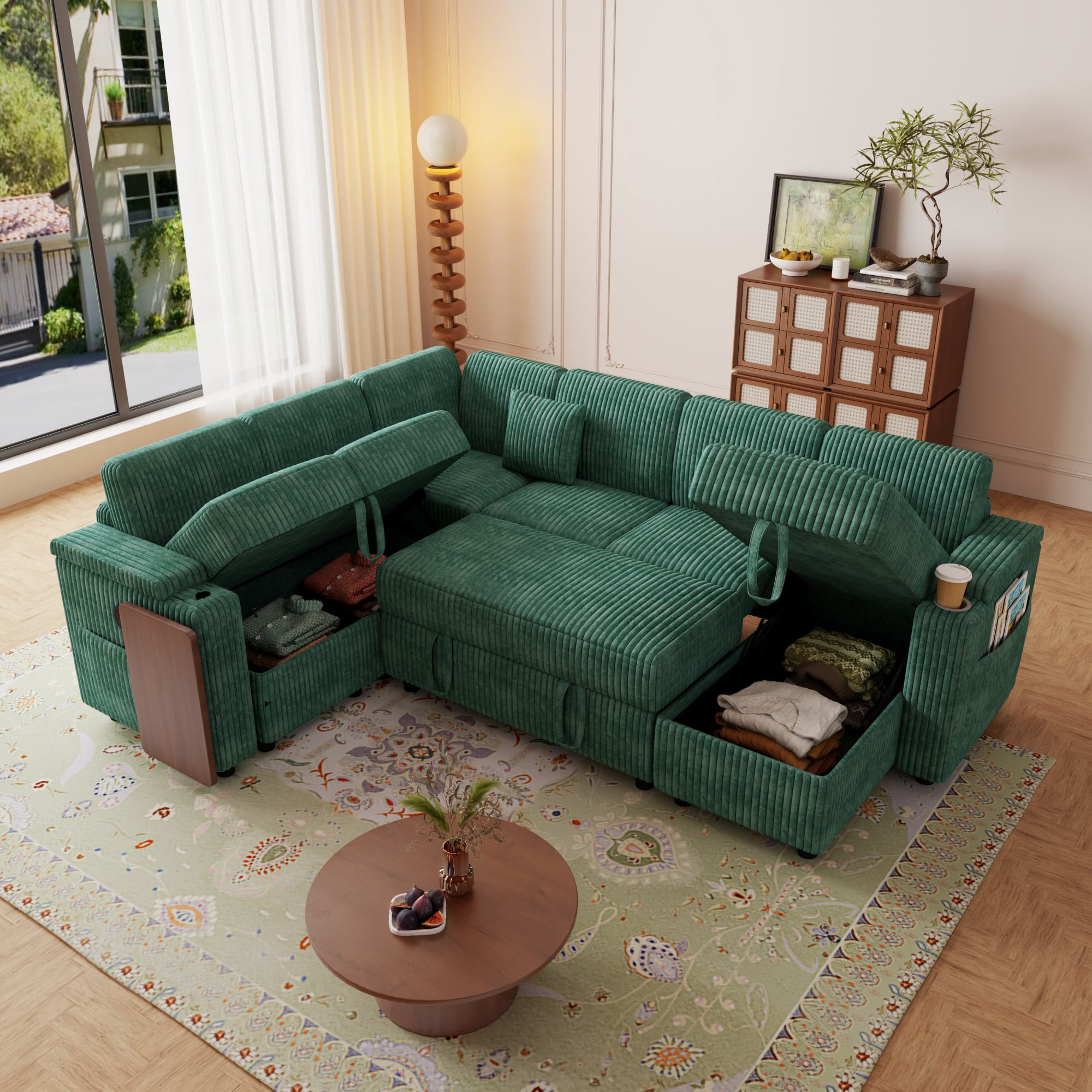 BSHTI 100" Corduroy U‑Shaped Convertible Pull‑Out Sofa Bed with USB Ports, Desk & Cup Holder for Living Room,(Green)