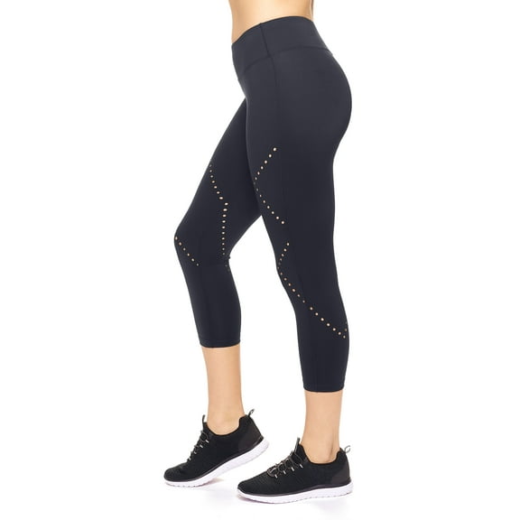 Expert Brand Women's Mid-Rise Diamond Laser Cut Capri Leggings, Black, Medium