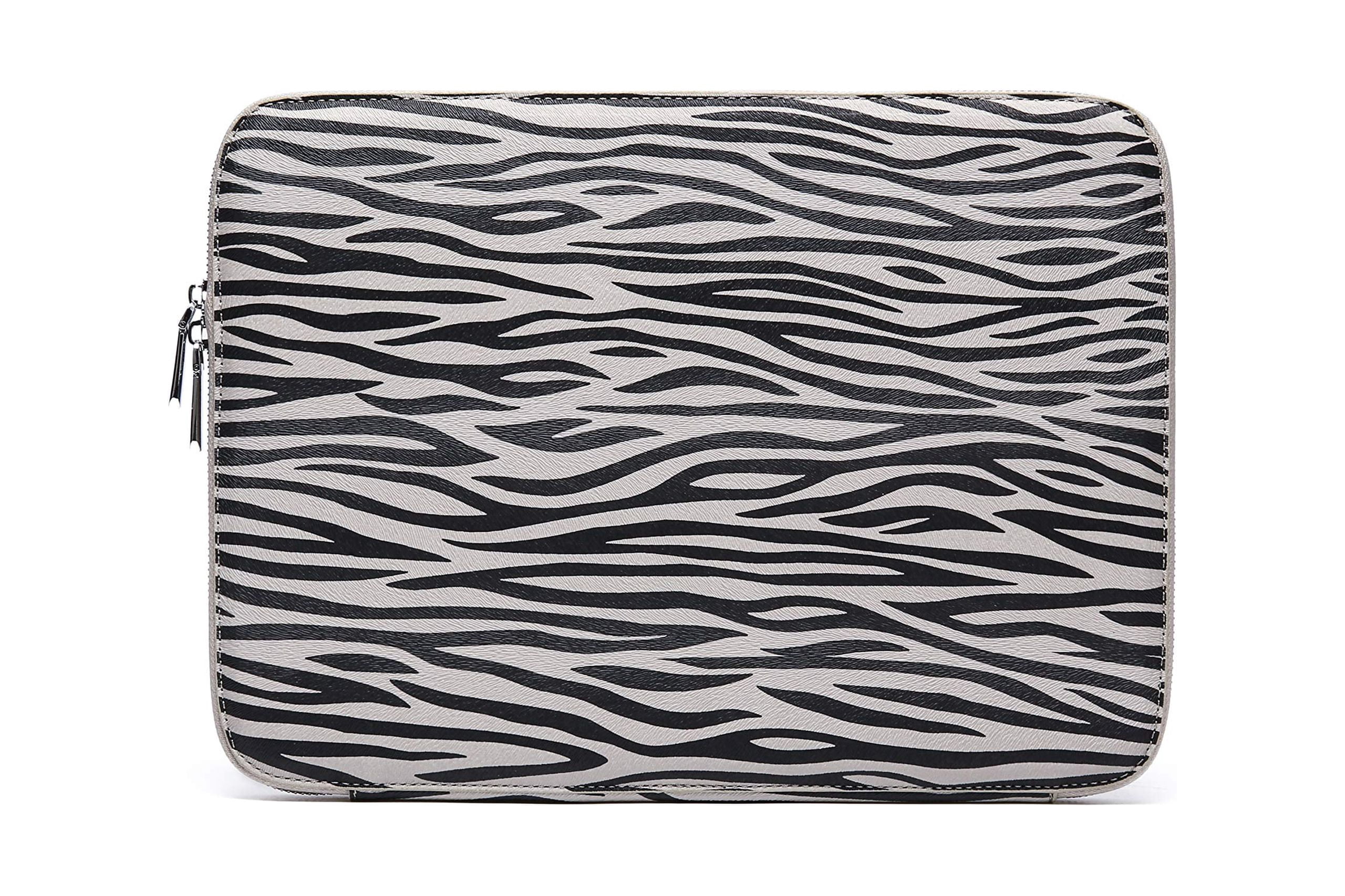 Daisy Rose Protective Laptop Sleeve Case for 13 Inch Laptop with Slip Pocket - Luxury PU Vegan Leather Shock Absorbant Hard Case for Work and School - Grey zebra