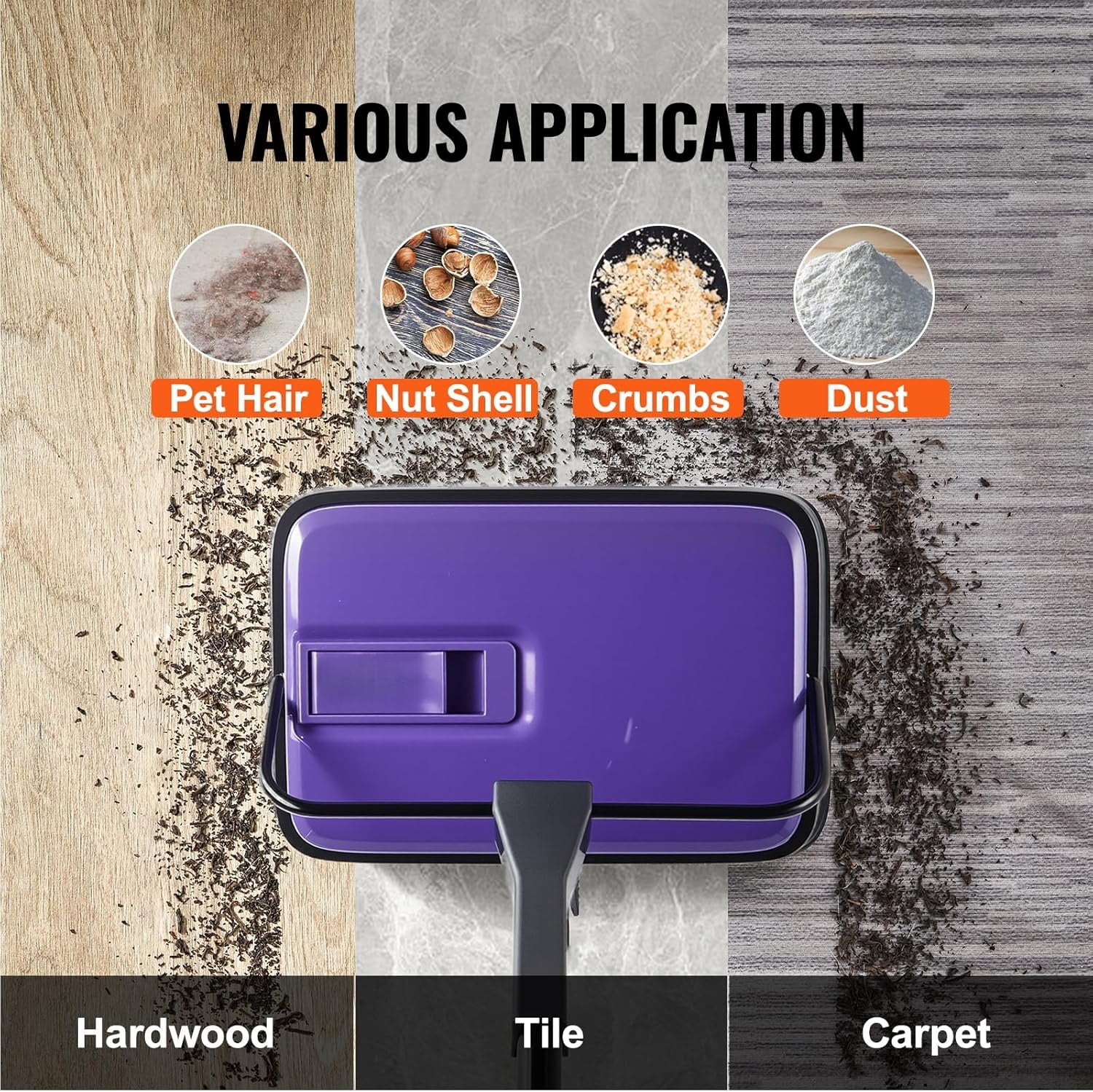 Carpet Sweeper Manual, Floor Sweeper with 300 ml Dustbin Capacity Easy to Empty, 6.7 inch Cleaning Width for Home Office Carpets Pet Hair Dust, Purple