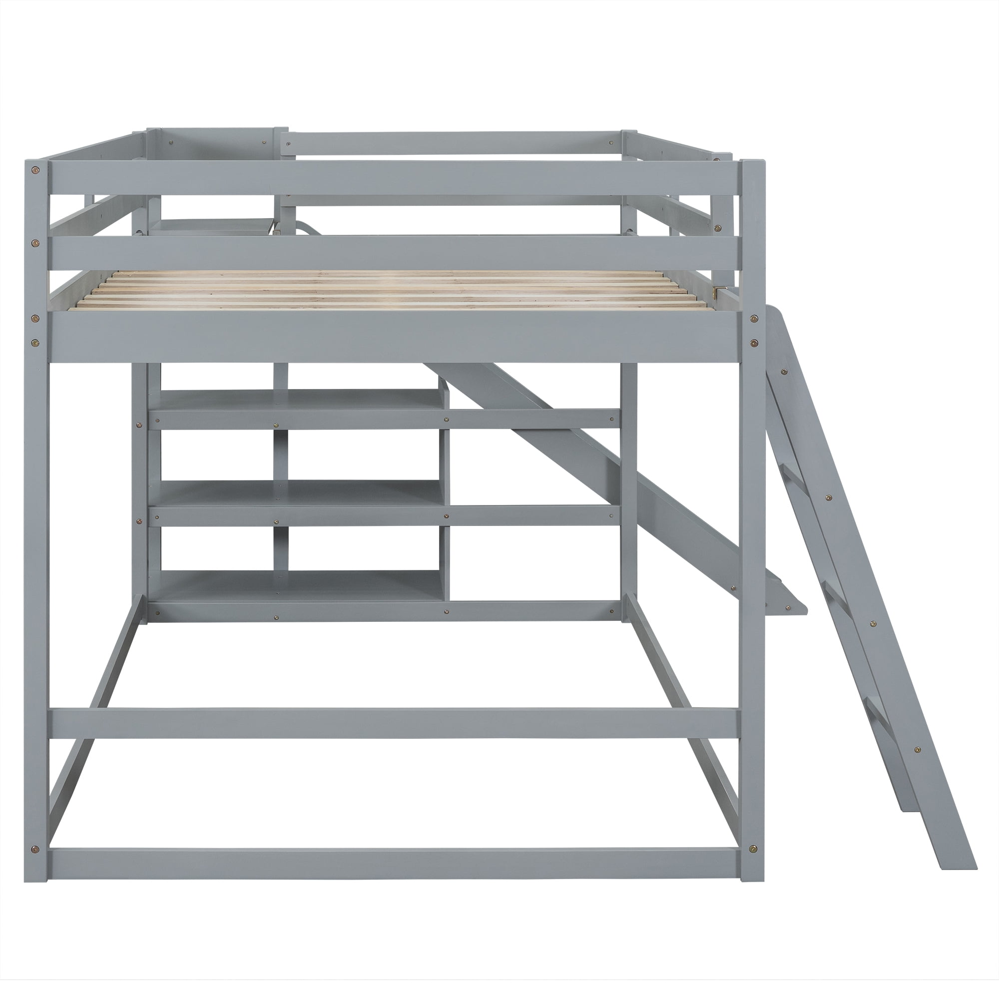 Euroco Wood Full over Full Bunk Bed with Slide and Ladder, 3-Tier Shelf for Kids Teens Bedroom, Gray