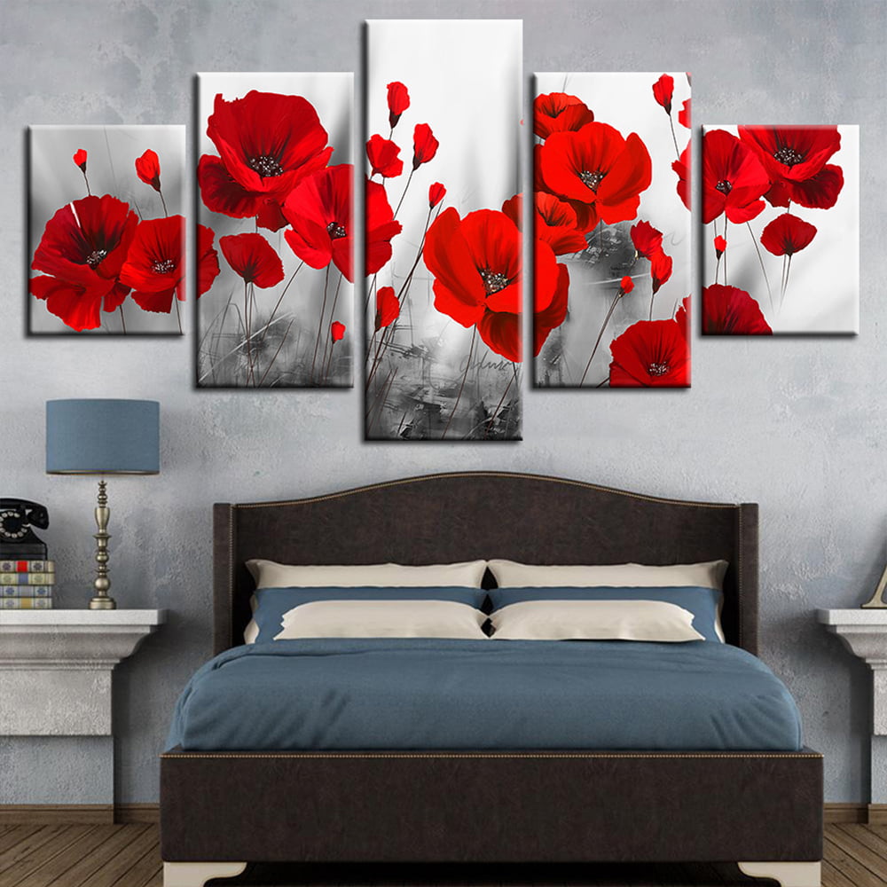 5PCS Poppy Rose Flower Art Canvas Printed Wall Painting Picture Home Wall Decor 