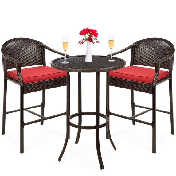 Best Choice Products 3-Piece Outdoor Wicker Bistro Bar Height Set for Patio, Garden w/ Barstools, Steel Frame - Red