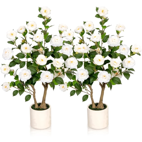 ROMSWI 2 Pack 3FT Artificial Camellia Trees Blooming White Flowers With Planter, Faux Floral Plant For Outdoor Indoor Home Porch Office Decor
