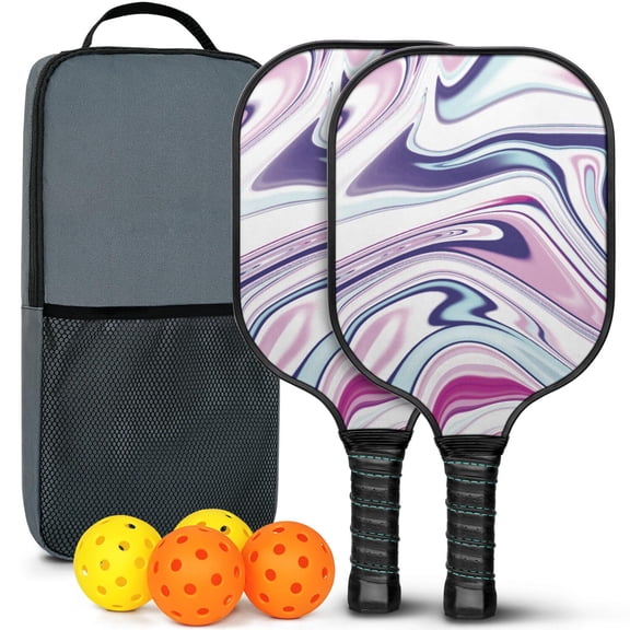 Pickleball Paddles Set Of 2, Fiberglass Surface, Liquid & Marble Print, 4 Balls & Bag
