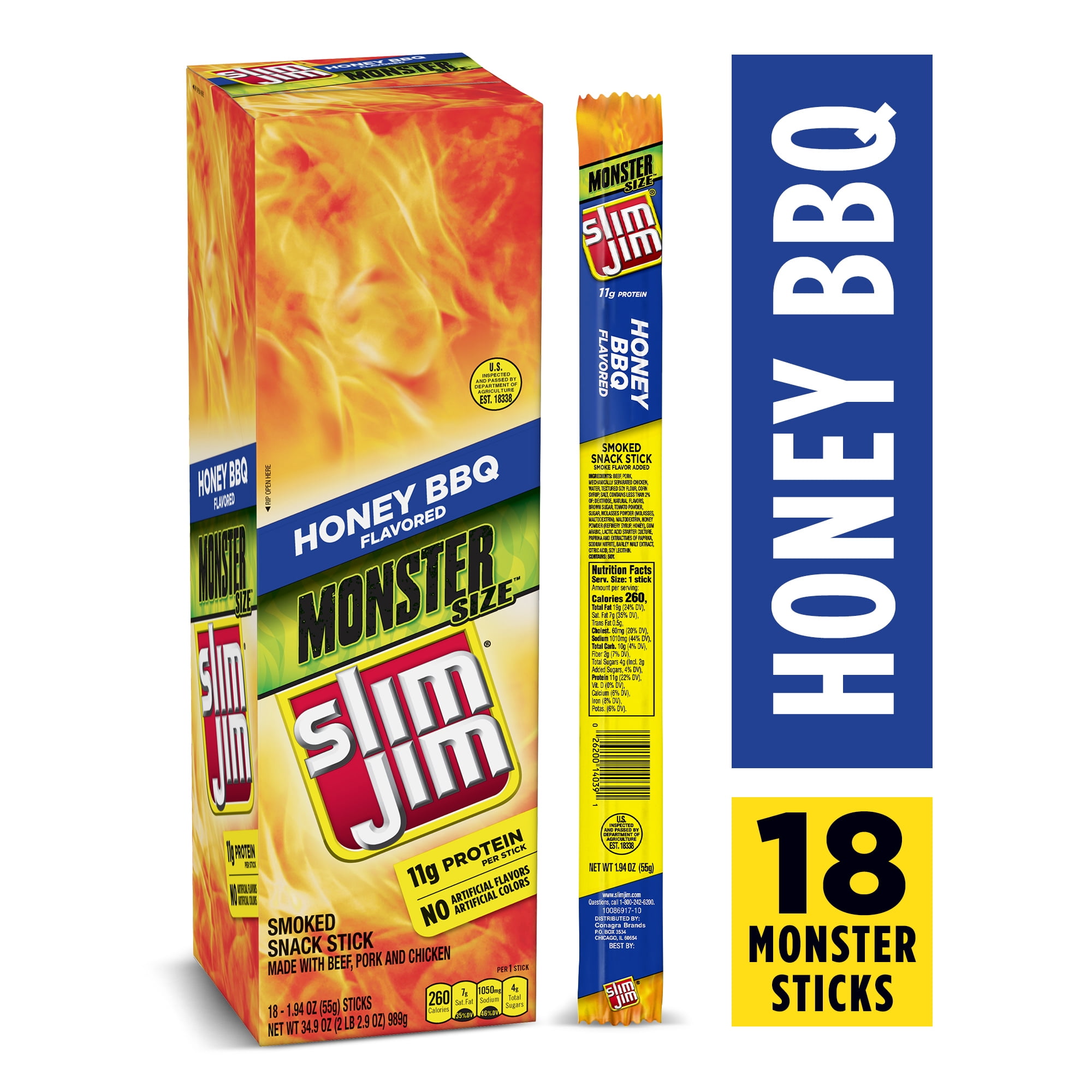 Slim Jim Monster Size Honey Barbeque Smoked Snack Sticks, Monster Meat