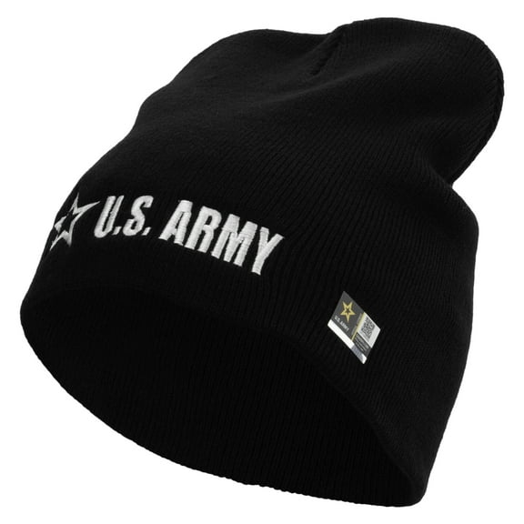 US Army Star Embroidered 8 Inch Knitted Short Beanie - Black OSFM