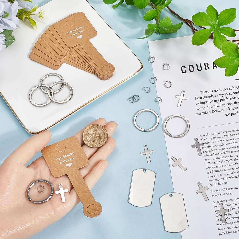 1 Box 30 Pack Engravable Keychains Blank Cross Metal Stamping Blank Tags Stainless Steel Round Key Ring Paper Display Cards Jump Rings Key Chains Making Kits for DIY Holiday Birthday Gift