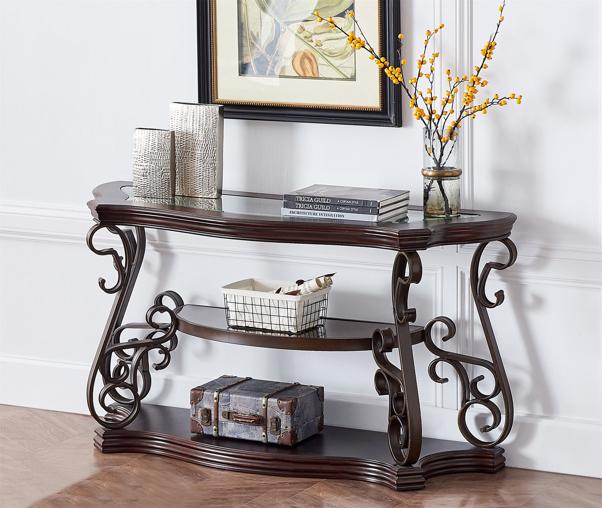3 Tier Narrow Console Table For Entryway Vintage Silm Sofa With Open Storage Shelves And Wood Curved Legs Living Room Com Entryway Vintage Silm Sofa Table, Curved Sofa Table With Storage