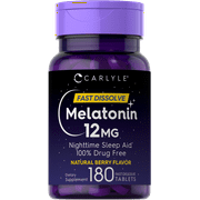 Melatonin 12 mg Fast Dissolve 180 tablets | Nighttime Sleep Aid | Natural Berry Flavor | Vegetarian, Non-GMO, Gluten Free | by Carlyle