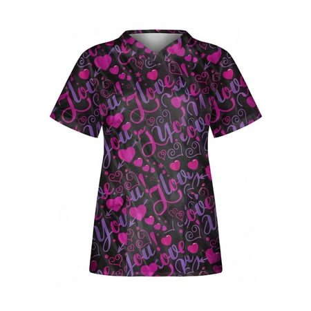 

Inevnen Valentine s Day Tops Women Nurse Working Uniforms Love Heart V Neck Medical Scrub Shirts