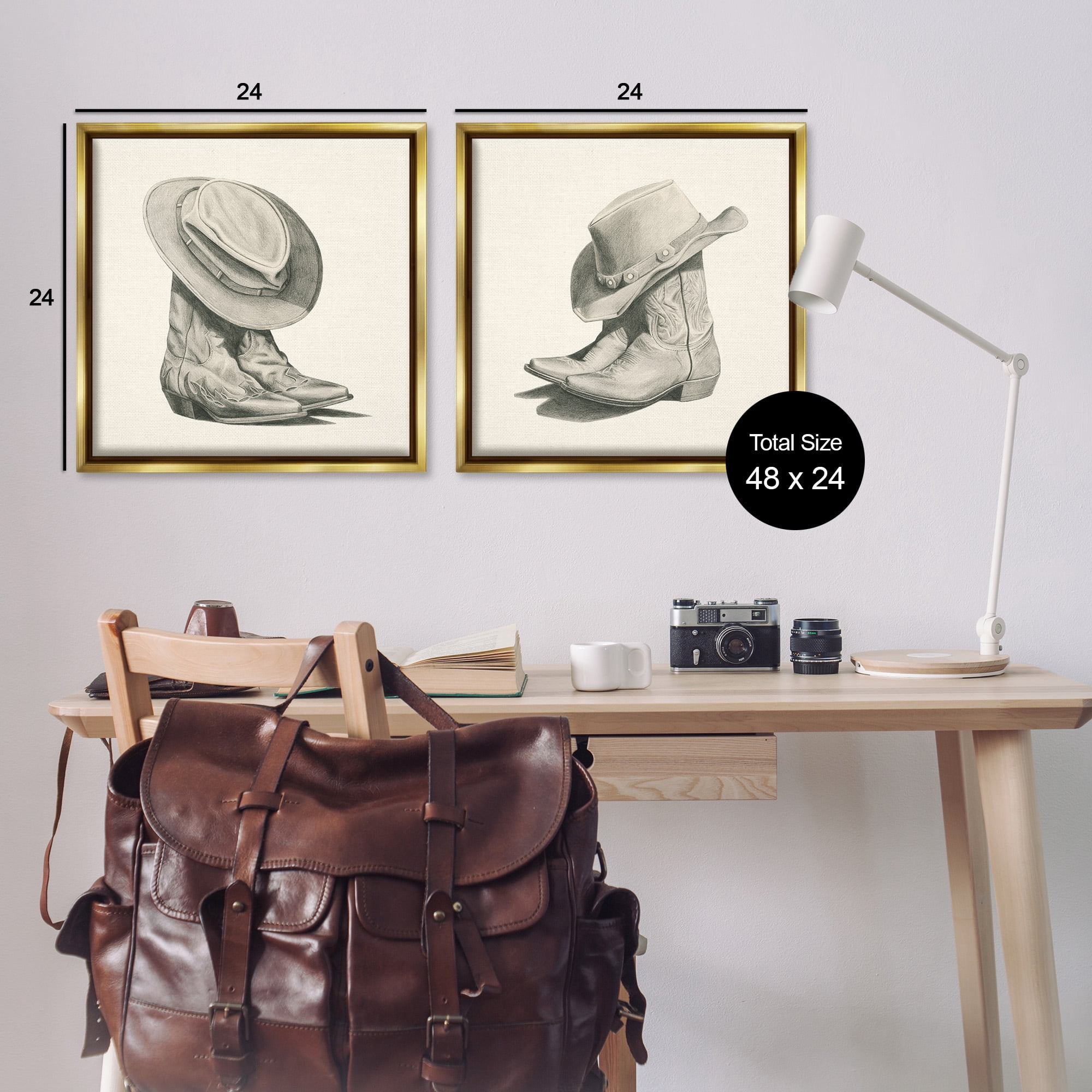 Stupell Industries Rustic Cowboy Boots Beauty & Fashion Drawing Gold Floater Framed Canvas Art Print Wall Art, 25 x 25, Set of 2