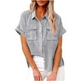 thumbnail image 2 of Button Down Shirts Women 2022 Dressy Casual Blouses Short/Long Sleeve Linen Collared T Shirts Loose Plain Tees Tshirt, 2 of 5