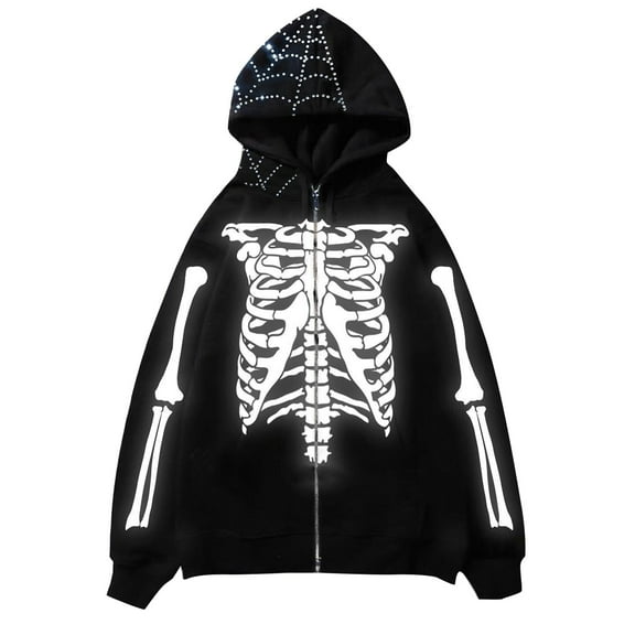 XIAOCHA Mens Hoodies Y20K Style Skeleton Print Spider Web Decor Full Zip Hoodie Long Sleeves Loose Oversized Halloween Parties Trendy Street Hooded Sweatshirts