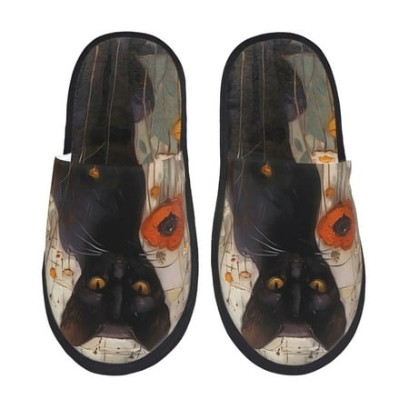 Balery Black Cat in Wildflowers Slient Indoor Furry Fleece Comfort House Shoes Soft Non-Slip Home Shoes Cotton slippers House Slippers-- Large
