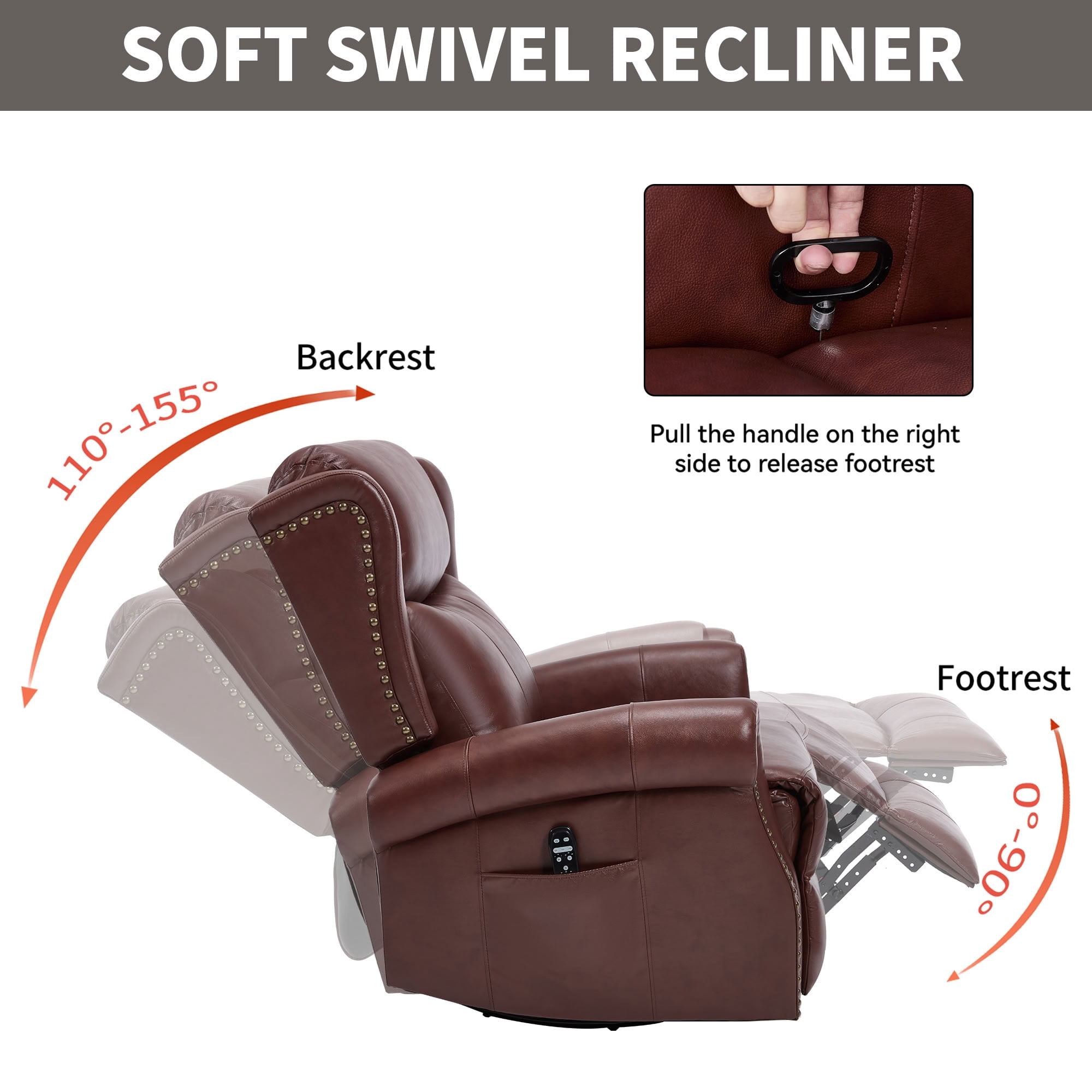MAYEERTY 360 Degree Swivel Rocker Recliner Chair, Genuine Leather Manual Recline Glider Armchair with 8-Point Vibration Massage & Lumbar Heat, for Living Room Home Theater